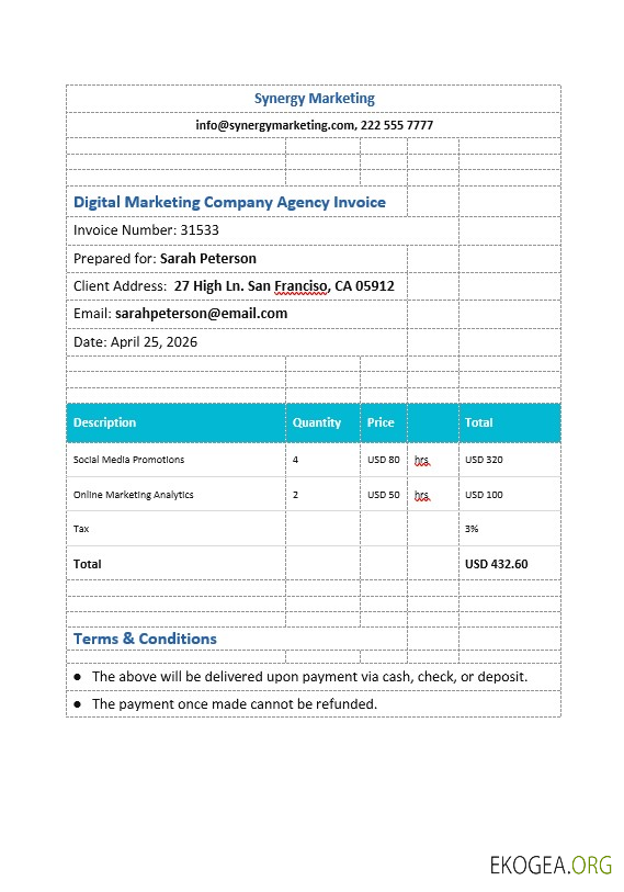 Modèle de facture d'agence de société de marketing numérique